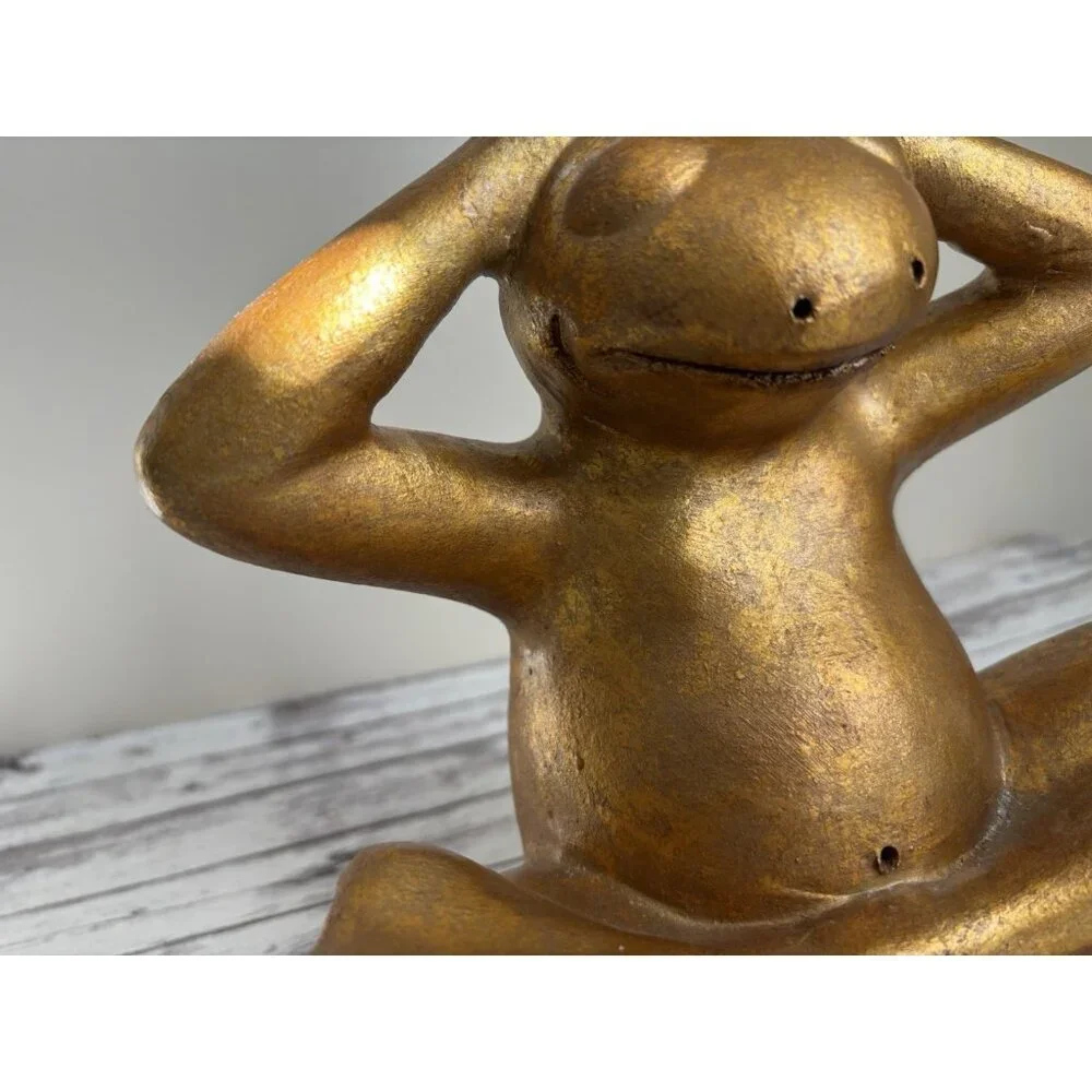 Pier 1 Gold Yoga Frog Statue Figure Zen 10x11” Heavy Garden Decor